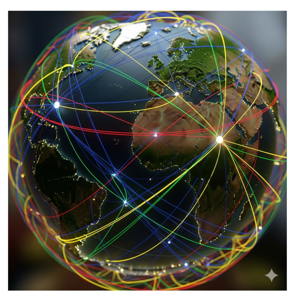A digital illustration of a globe with colorful interconnecting lines representing global connectivity and network systems.